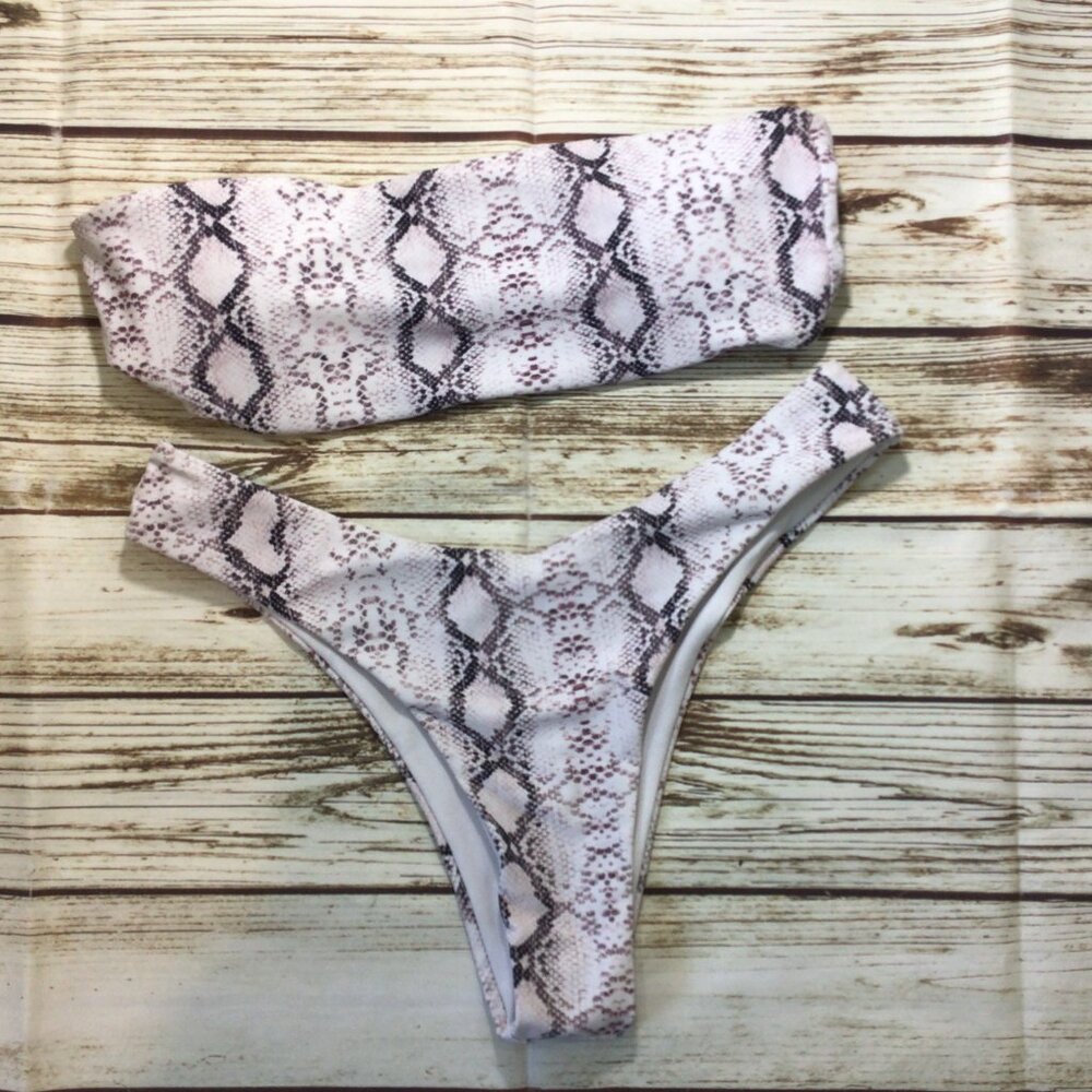 Snake Print Bandeau Top and Cheeky Bottoms 2 Piece Bikini Swim Suit